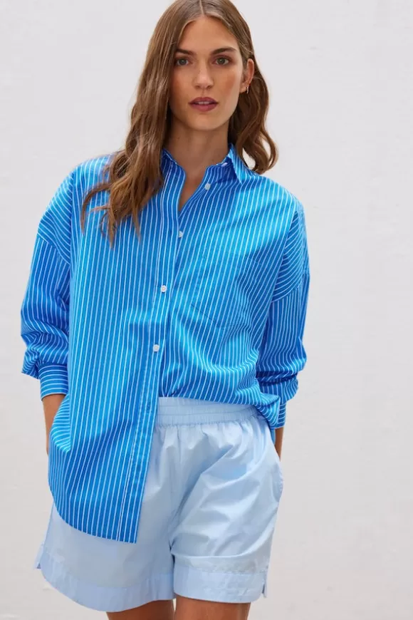 Women LMND Shirts-Chiara Mid Length Stripes Shirt Ink Blue/White