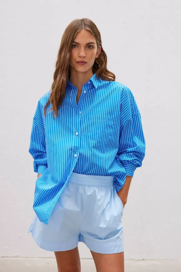 Women LMND Shirts-Chiara Mid Length Stripes Shirt Ink Blue/White