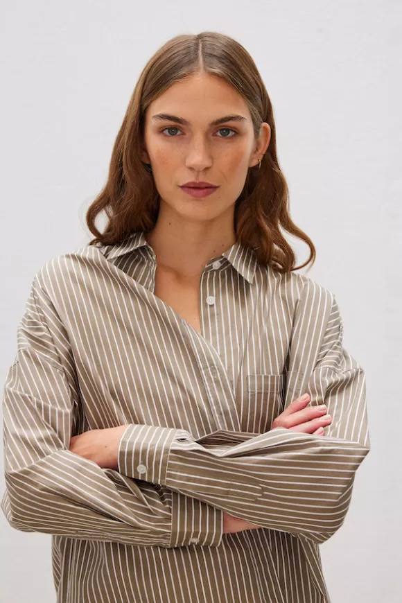 Women LMND Shirts-Chiara Mid Length Stripes Shirt Khaki/White