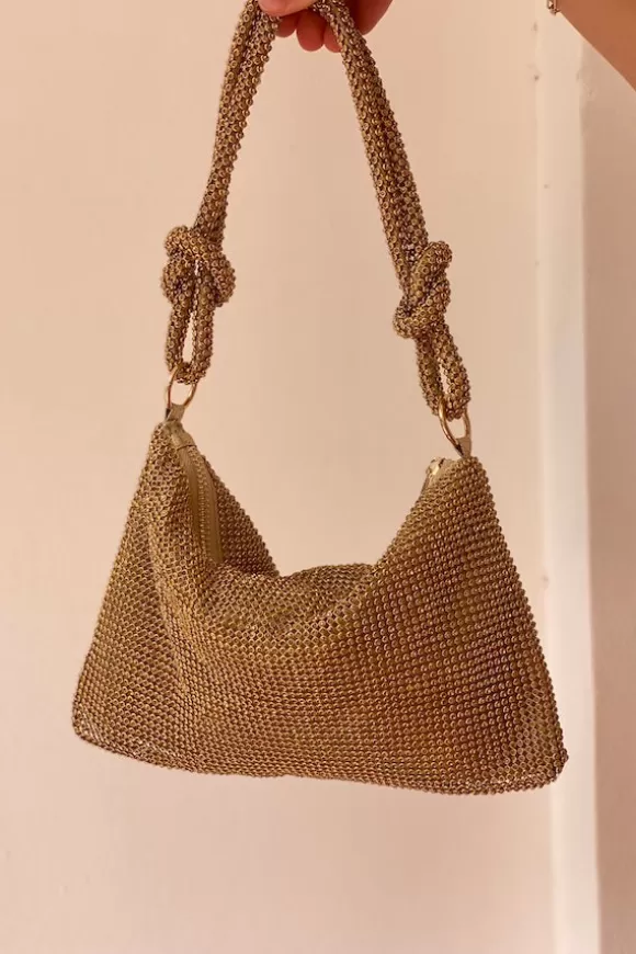 Women By Girls With Gems Bags-Diamonte Mesh Bag Gold