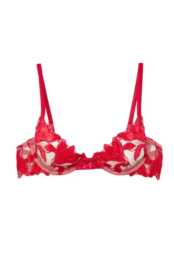 Women Fleur Du Mal Bras & Briefs-Lily Embroidery Plunge Demi Bra Rouge