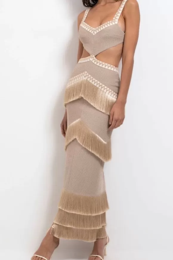 Women PatBo Dresses-Metallic Knit Maxi Dress With Fringe Trim