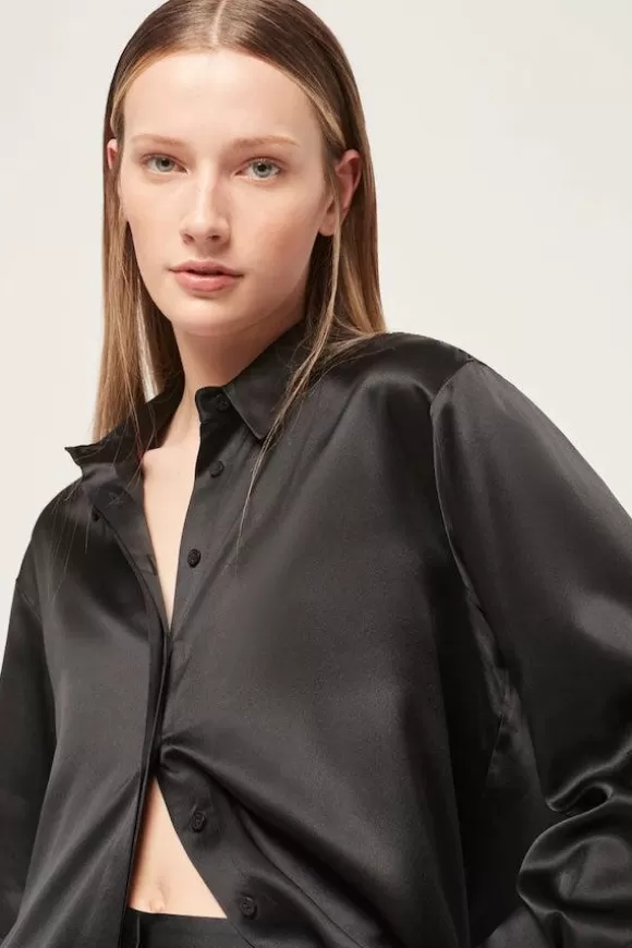 Women Michael Lo Sordo Shirts-Relaxed Silk Boy Shirt Black